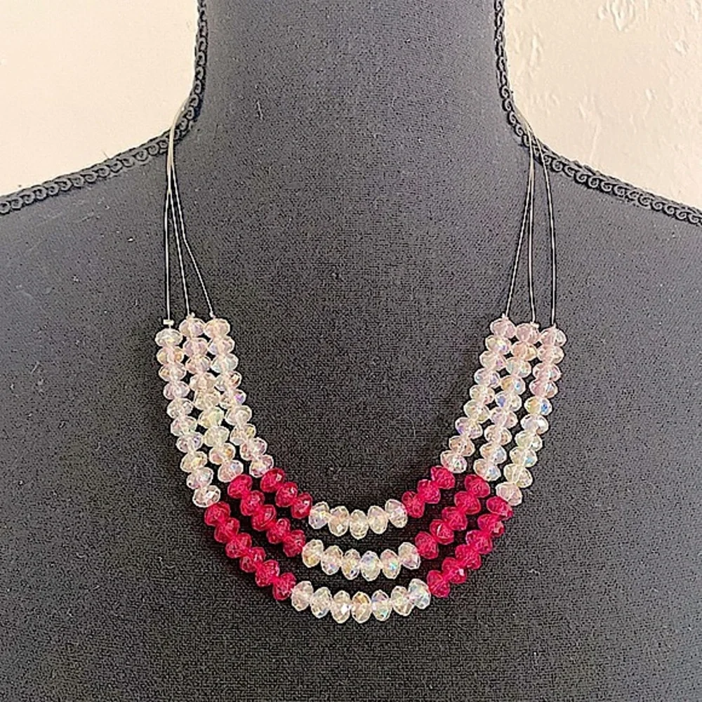Silver “Invisible” Necklace With White And Hot Pink Beads - Picture 7 of 16